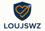 Logo featuring a shield with a heart and checkmark symbol, accompanied by the text 'LOUJSWZ' in bold letters.